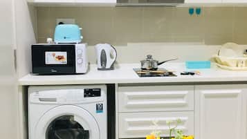 Kühlschrank, Mikrowelle, Herdplatte, Wasserkocher