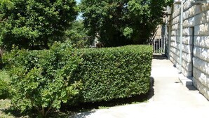 A pathway flanked by a neatly trimmed hedge and a stone building with a metal railing.