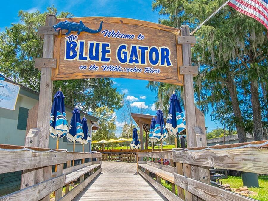 A wooden boardwalk leading to a sign welcoming visitors to Blue Gator on the Withlacoochee River.