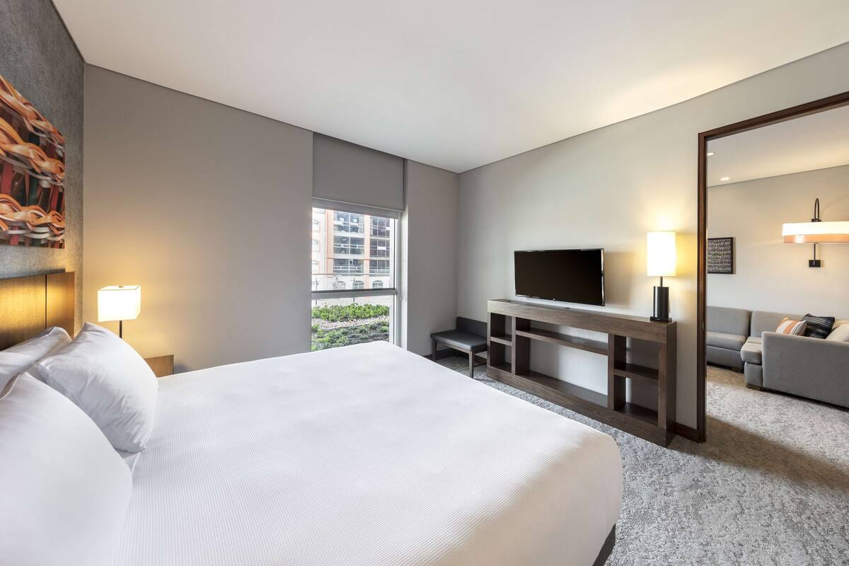 Habitació d'hotel amb un llit gran, televisió, escriptori i sofà.