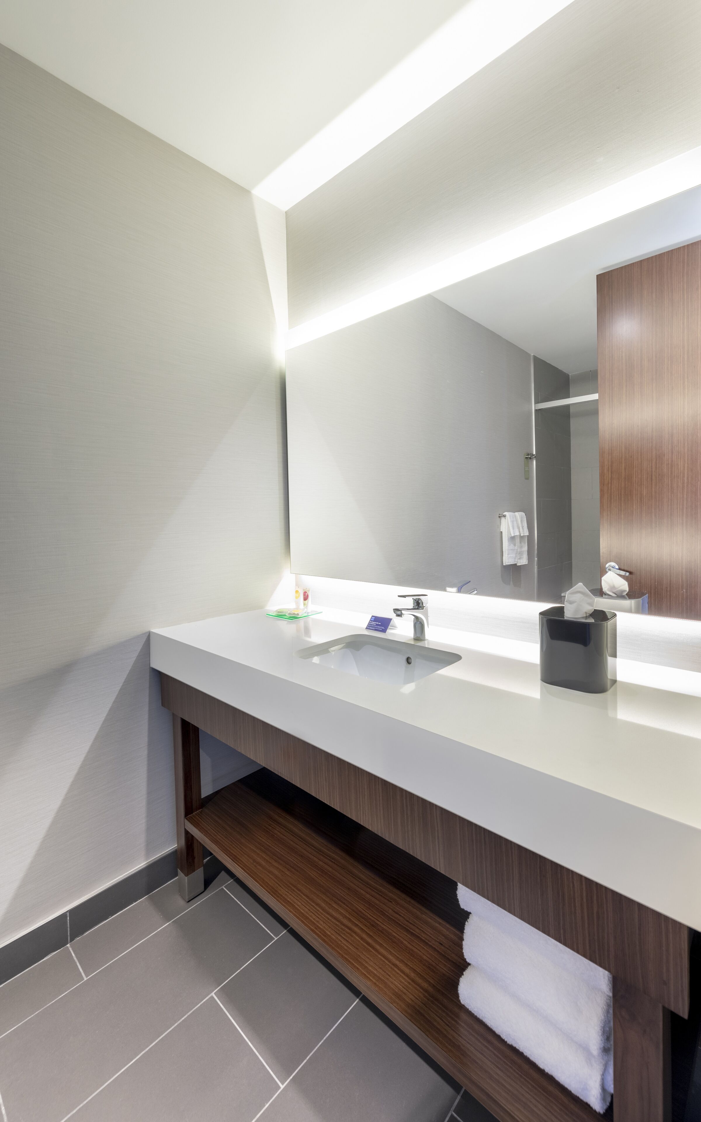 A modern bathroom with a white sink, a mirror, and a wooden vanity.