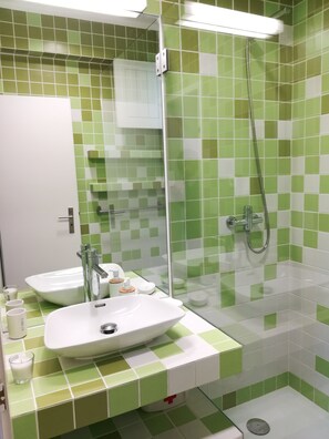 Shower, hair dryer, bidet, towels