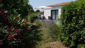 A modern house with a patio area, surrounded by lush greenery and flowering plants. - Vacation rental L'ISLE SUR LA SORGUE LS2-331 (L´Isle sur la Sorgue)