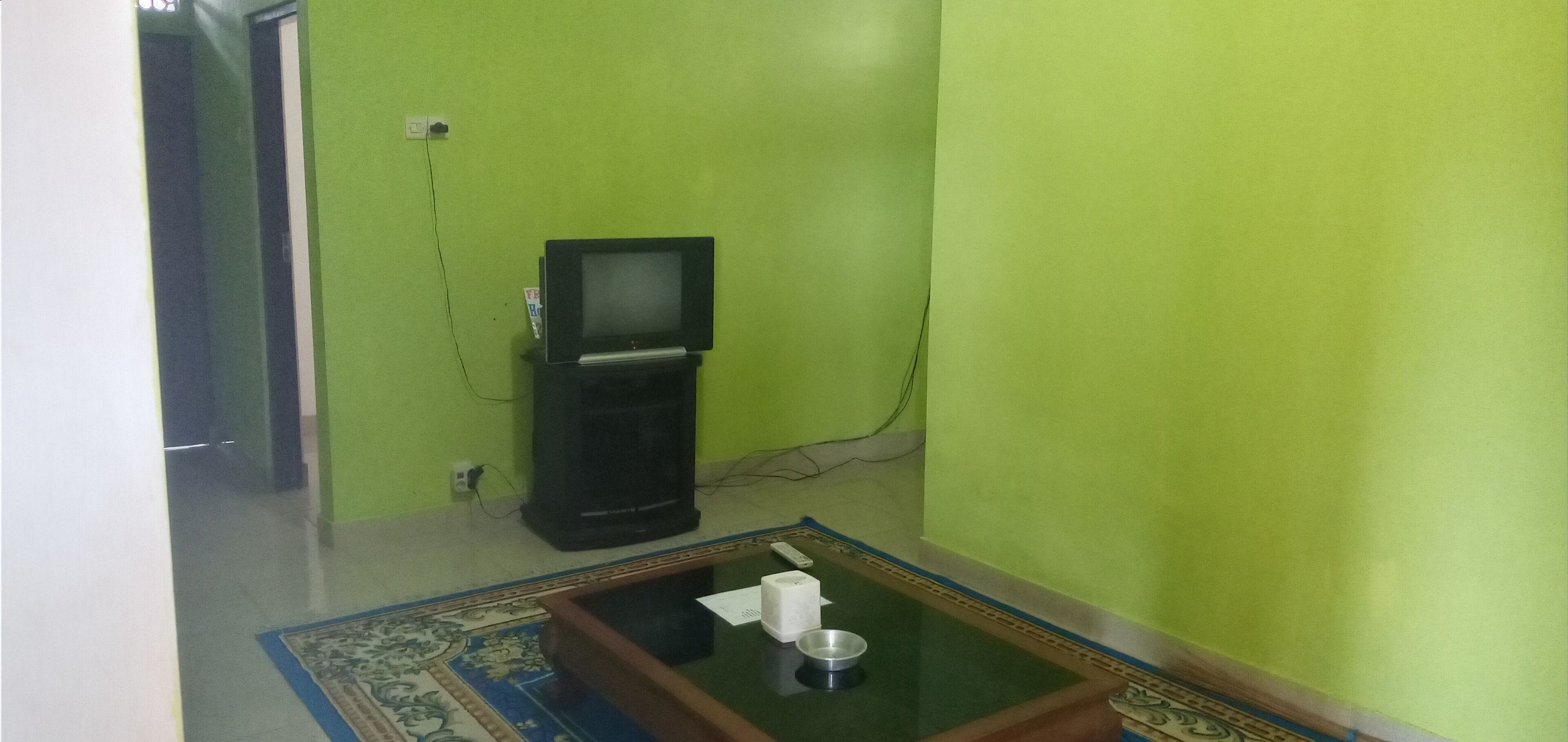 Une pièce avec un mur vert, un téléviseur noir posé sur un meuble, une table basse en verre avec une télécommande, un bol et une boîte de mouchoirs.