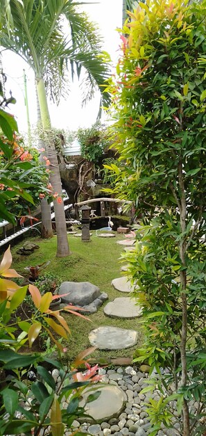 A garden with a stone pathway, palm trees, and various plants. - Puri Made 2 Homestay (Banyuwangi)