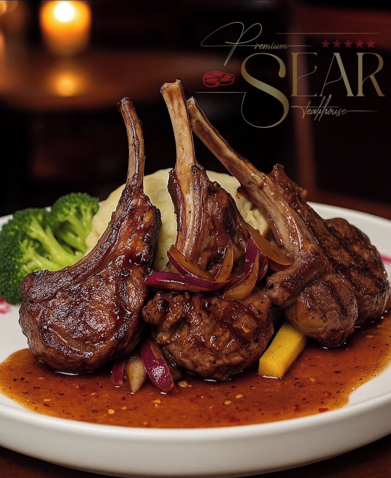 A plate of lamb chops with onions and a side of broccoli.