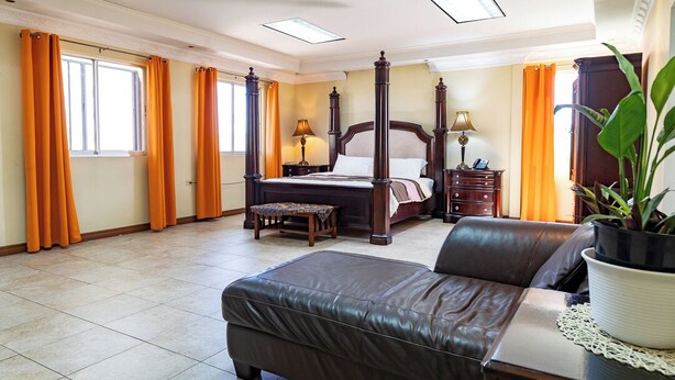 A spacious bedroom with a large bed, a leather sofa, and a potted plant.
