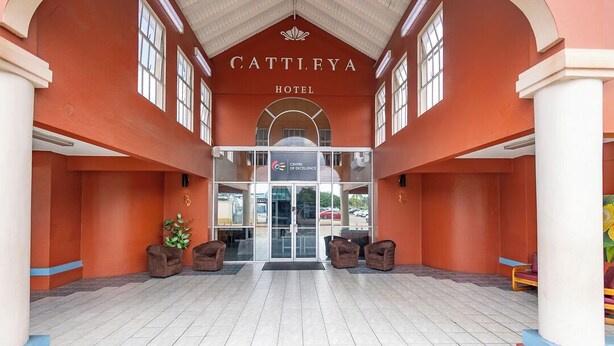 The entrance of the Cattieya Hotel with a central glass door, two brown armchairs, and a potted plant. - Cattleya Hotel (Tunapuna)