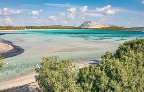 Een kustlandschap met helder turquoise water, een zandstrand en weelderige groene begroeiing.