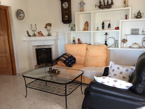 Televisión, chimenea, reproductor de DVD, libros
