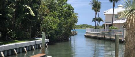 A waterfront property with a dock, lush greenery, and a clear view of the water.