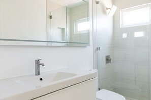 Shower, hair dryer, towels