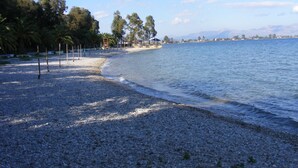 A pebbled beach with palm trees and a clear sky. - Traditional villa with great views convenient for the beach, local area & sites (Argos)