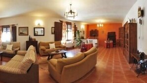 A spacious living area with a fireplace, sofas, and a television. - Rural house (full rental) El Empecinado for 23 people (Fuentelviejo)