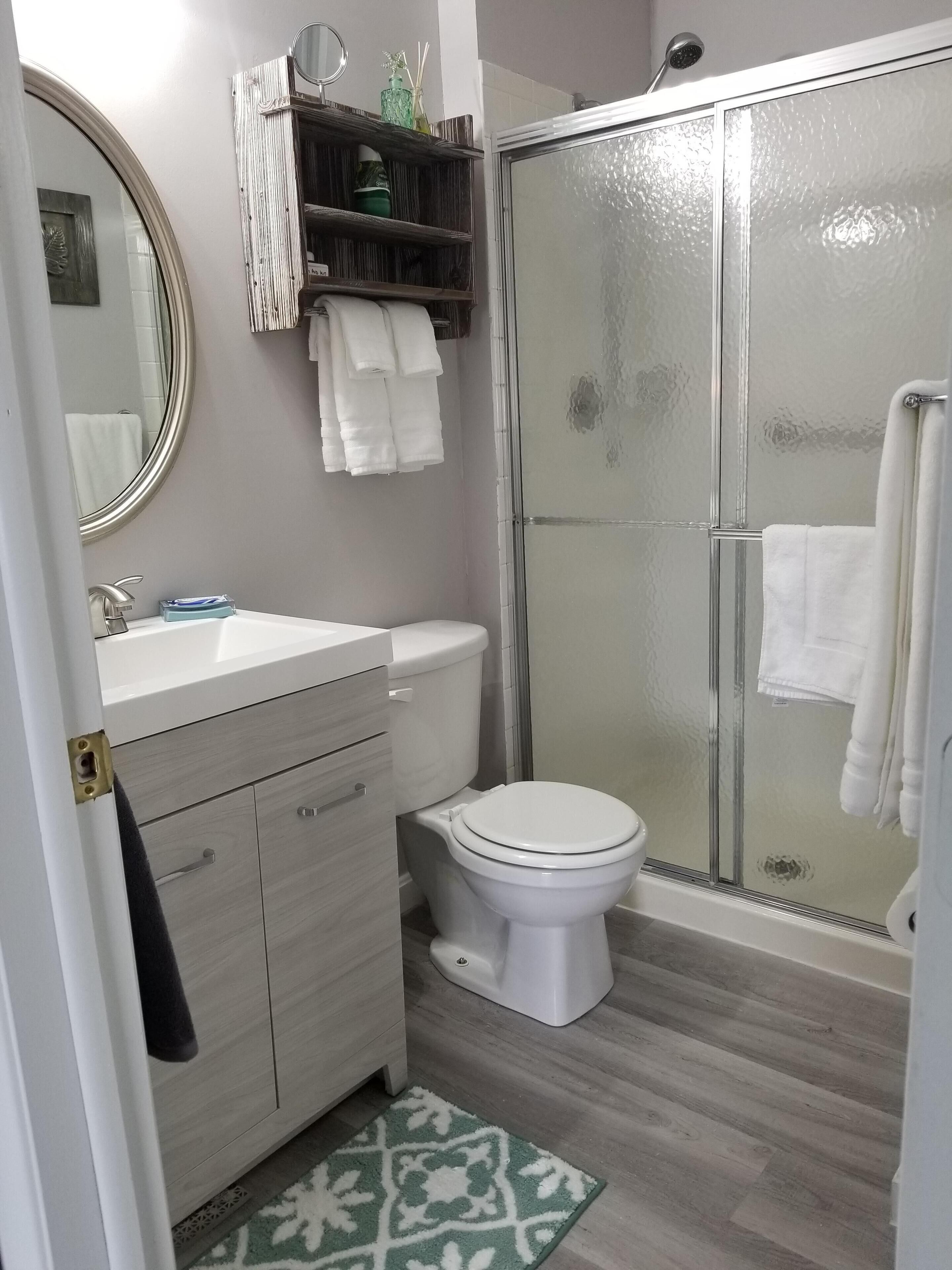 Hair dryer, towels, soap, toilet paper