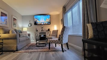 Smart TV, fireplace, video library