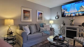 Smart TV, fireplace, video library