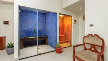 Relax in a serene space with a comfortable bench, potted plant, and stylish chair.