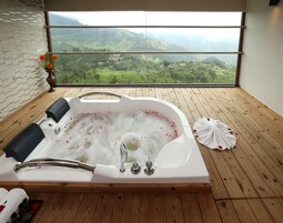 Habitación de luna de miel doble, 1 cama de matrimonio grande, vistas al valle | Baño | Artículos de higiene personal gratuitos, secador de pelo y albornoces