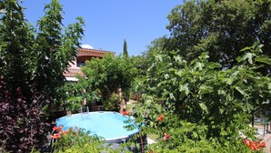 Una piscina circondata da vegetazione rigogliosa e un edificio con tetto in tegole.