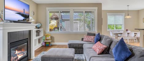 Smart TV, fireplace, DVD player, books