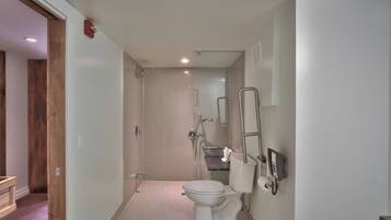 Een moderne badkamer met toilet, douche en handdroger.