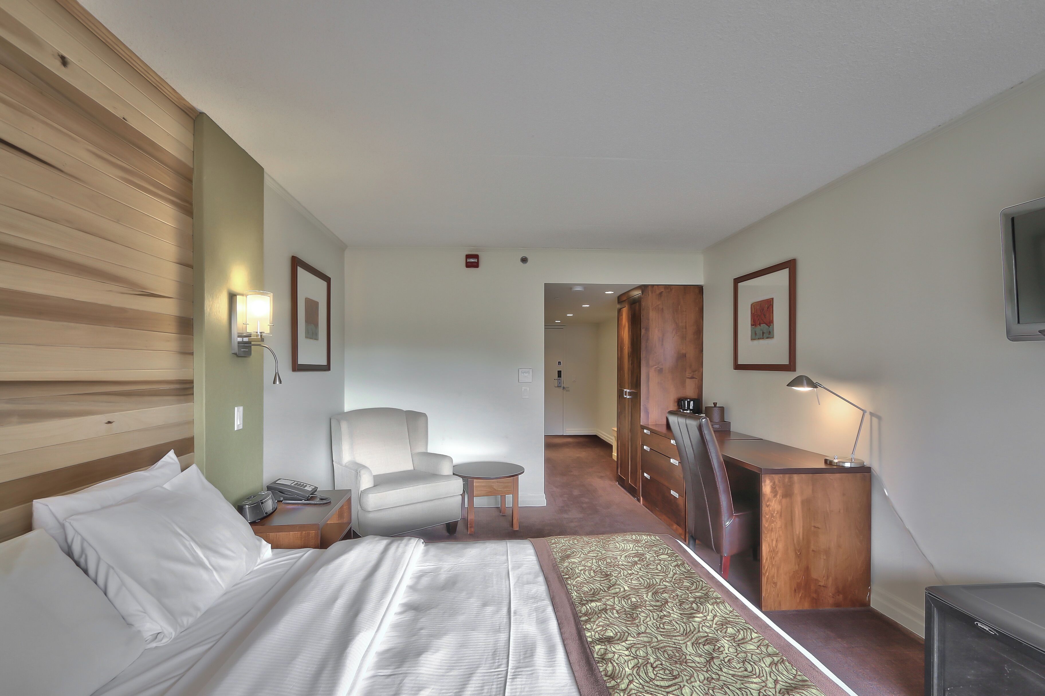 A hotel room with a bed, a desk, a chair, a dresser, and a TV.