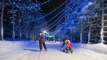 Ein verschneiter Pfad mit Lichterketten darüber, umgeben von schneebedeckten Bäumen.