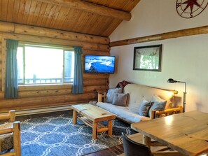 Living area with smart TV and Roku.