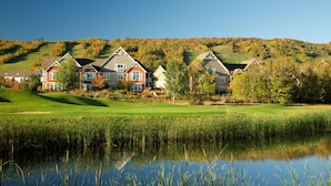 A large, multi-story house with a red facade and multiple windows, situated on a grassy hill with a pond in the foreground. - Blue Mountain Resort Home Collection (The Blue Mountains)