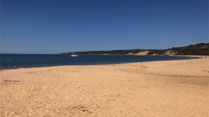 Un'ampia spiaggia sabbiosa con cielo azzurro limpido, una barca a vela all'orizzonte e un paesaggio collinare sullo sfondo.