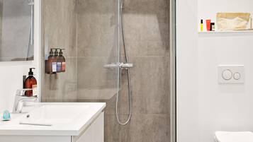 Chuveiro, secador de cabelo, toalhas de banho, sabonete