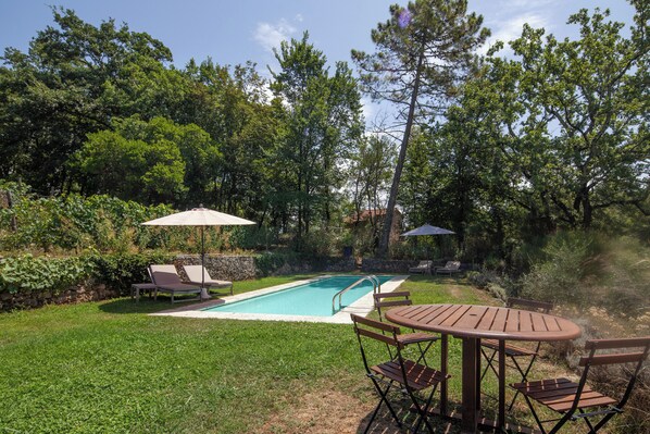 A backyard with a swimming pool, surrounded by trees and a grassy lawn. - Dolinetta | Pian della Chiesa - nature, wine, paths, sea and shared pool (Lerici)
