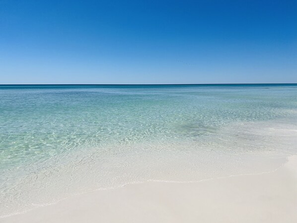 On the beach, sun loungers
