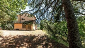 Een gebouw met twee verdiepingen en een plat dak, omringd door weelderige bomen en een heldere lucht.