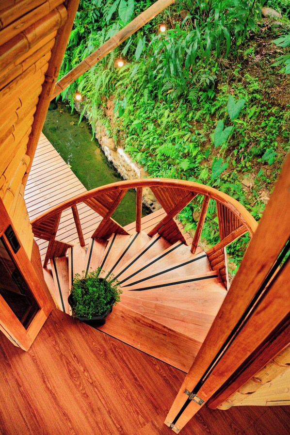 Una escalera espiral de madera que conduce a un exuberante jardín con un pequeño estanque.