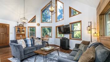 Smart TV, fireplace, DVD player, books