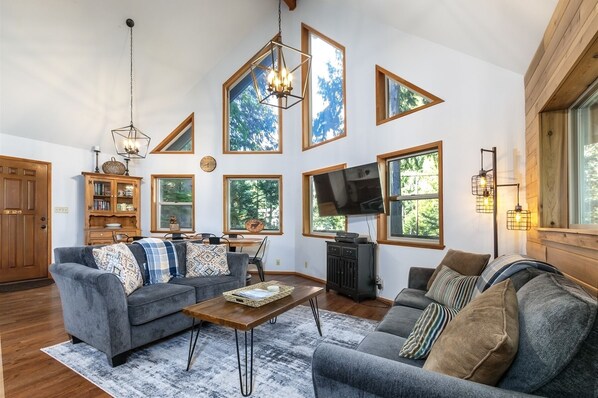 Smart TV, fireplace, DVD player, books