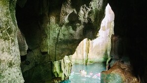 A cave with a natural pool and people swimming. - Malakati Homestay (Nacula Island)