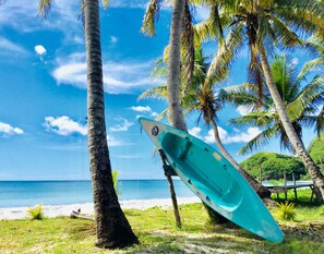 A turquoise surfboard leaning against a palm tree on a beach with clear blue water and a wooden fence in the background. - Malakati Homestay (Nacula Island)