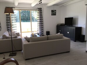 Televisión, reproductor de DVD, mesa de ping pong