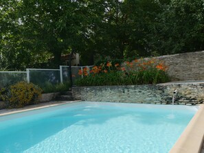 Ein Schwimmbecken mit einer Steinmauer und orangenen Blumen im Hintergrund.