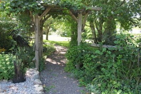 Through the arbour & down the path to the suite entrance.