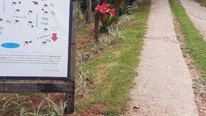 A pathway with a signboard titled 'Portal das Flores' and a row of potted plants with red flowers. - Chácara Vovó Joana (Atibaia)