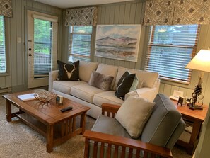 Smart TV, fireplace, DVD player, books