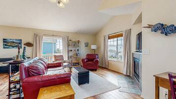 TV, fireplace, books, stereo