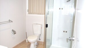 A bathroom with a toilet, a glass shower enclosure, and a towel rack.