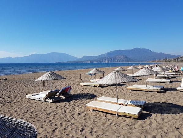 A beach with sun loungers and umbrellas, a clear sky, and mountains in the background.