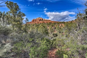 A natural landscape with a prominent red rock formation and dense green vegetation.