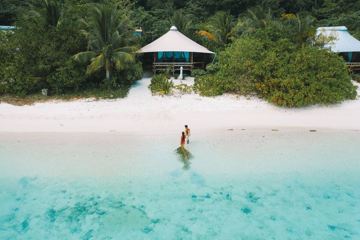 Una playa con una cabaña de techo de paja rodeada de exuberante vegetación tropical.